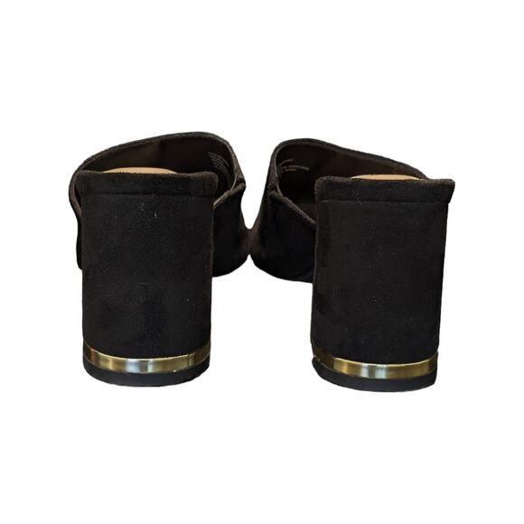 H Halston Vegan Suede Sandals Spain Block Heel Gold Trim Womens 8 Heels Pumps - Picture 4 of 7